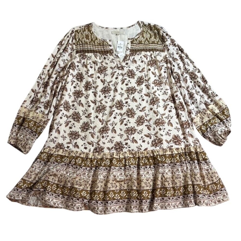 NWT LOFT Shirt Women XL Cream Brown Floral Tiered Long Sleeve Split‎ Neck
